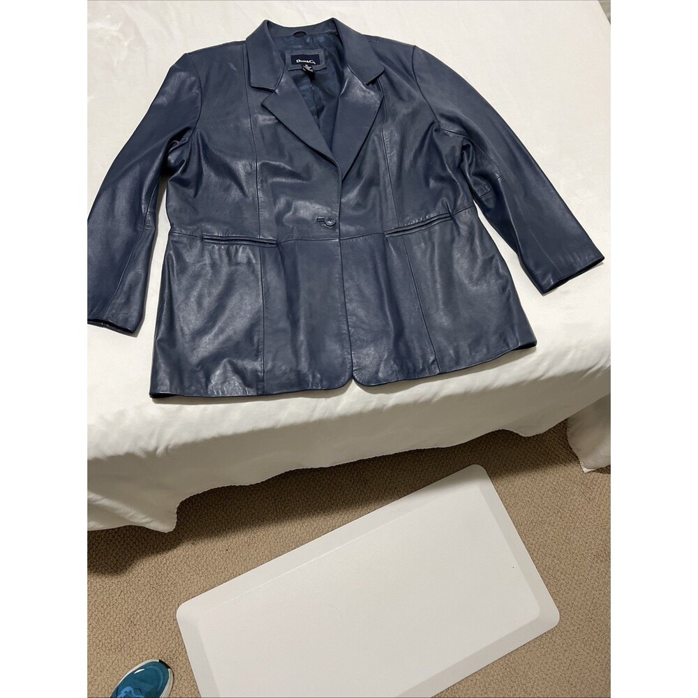 DENIM & CO Leather Buttery Soft Jacket Blazer Sz 2X Blue Pockets Satin Lined
